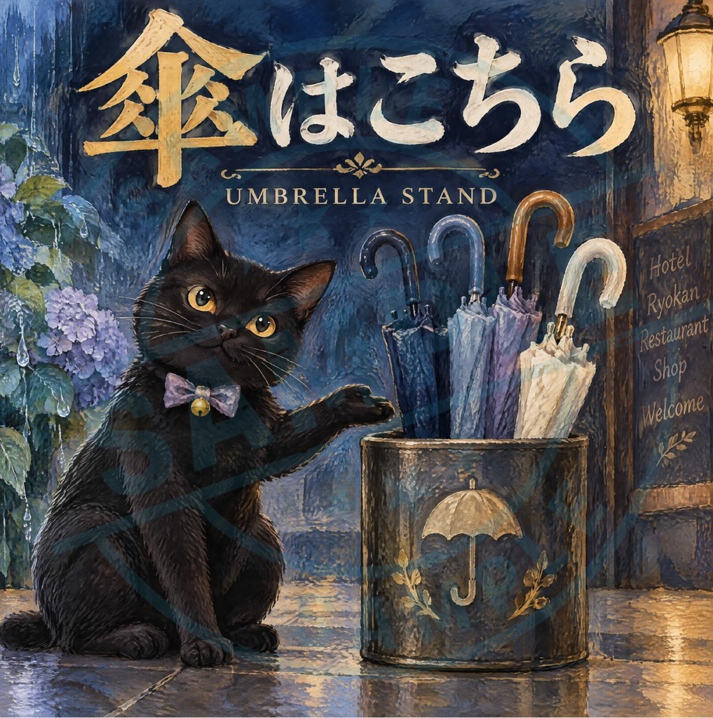 【黒猫 SIGNATURE】傘はこちら（UMBRELLA STAND） 店舗・玄関用傘立てステッカー