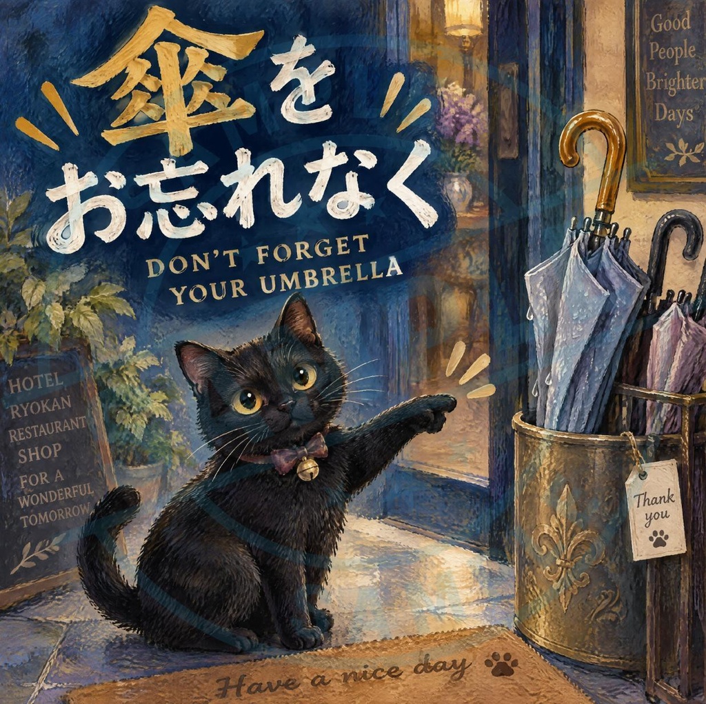 【黒猫 SIGNATURE】傘をお忘れなく（DON'T FORGET YOUR UMBRELLA） 店舗・忘れ物防止ステッカー