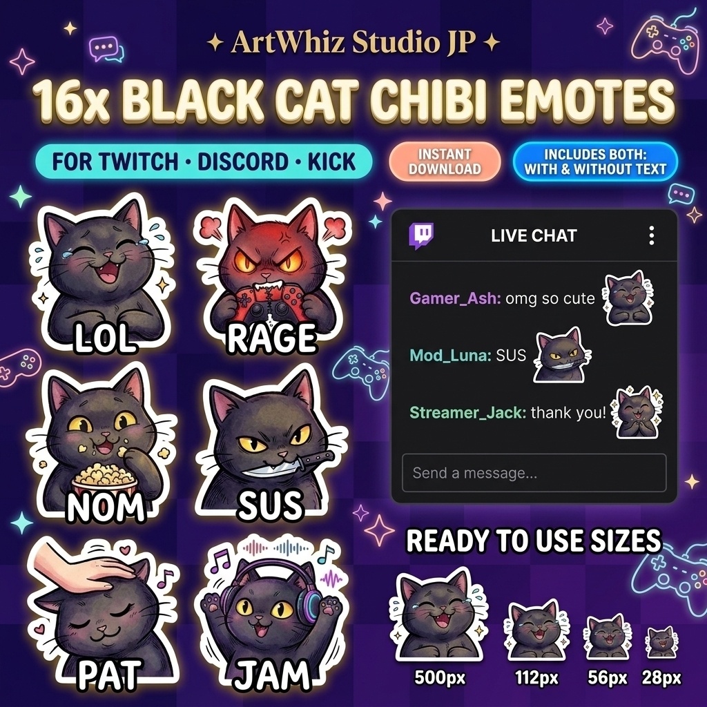 【配信素材】黒猫ちびエモート16種（計32点）Twitch・Discord用スタンプ 透過PNG