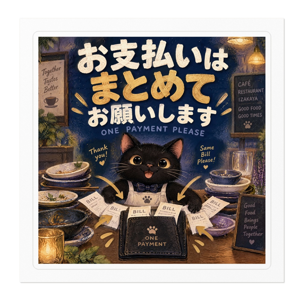 【黒猫 SIGNATURE】お支払いはまとめてお願いします(ONE PAYMENT PLEASE) 飲食店・レジ用マナーステッカー