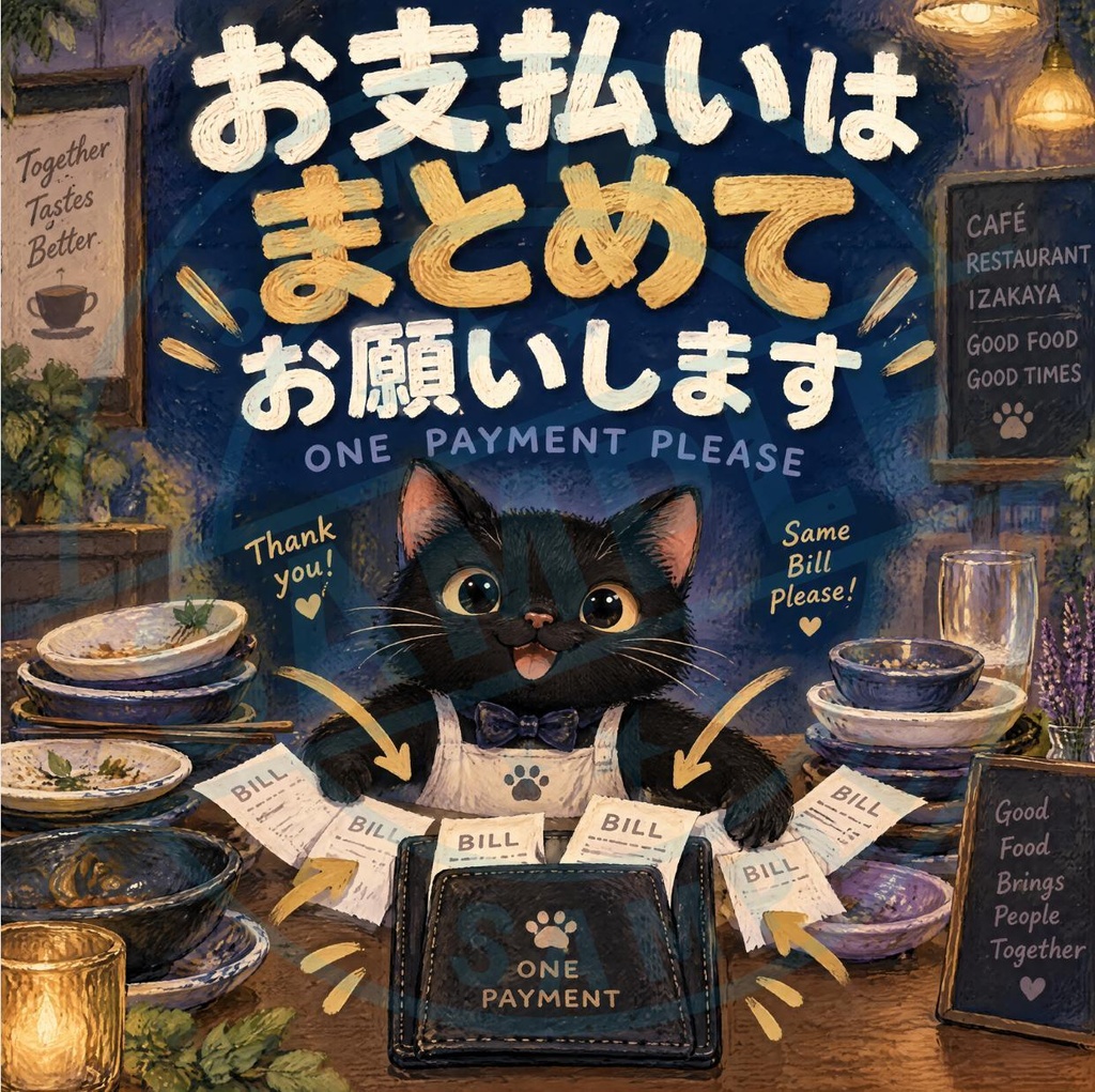 【黒猫 SIGNATURE】お支払いはまとめてお願いします（ONE PAYMENT PLEASE） 飲食店・レジ用マナーステッカー