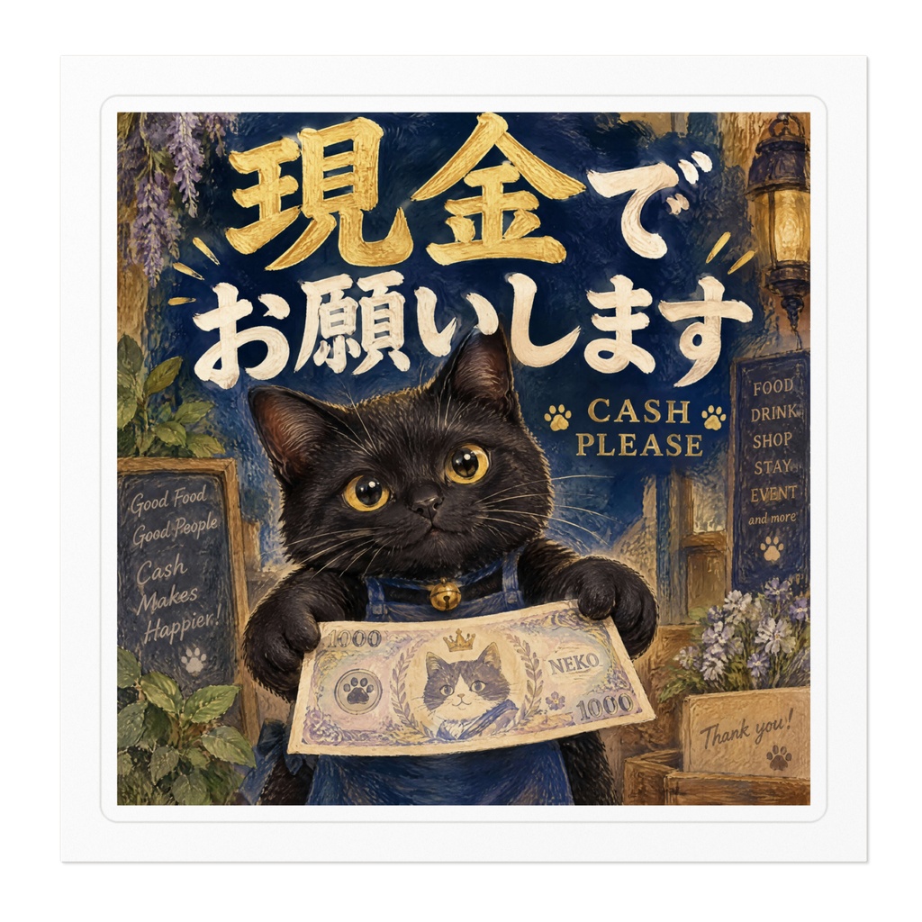 【黒猫 SIGNATURE】現金でお願いします(CASH PLEASE) 店舗・レジ用お願いステッカー
