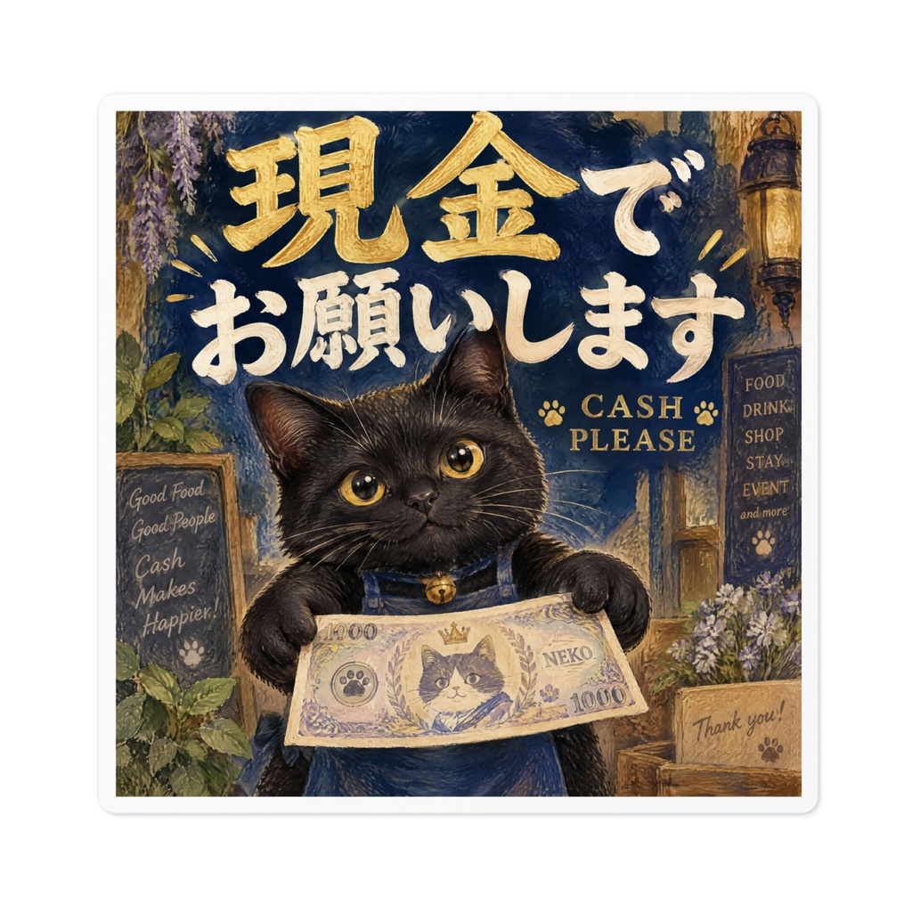 【黒猫 SIGNATURE】現金でお願いします(CASH PLEASE) 店舗・レジ用お願いステッカー