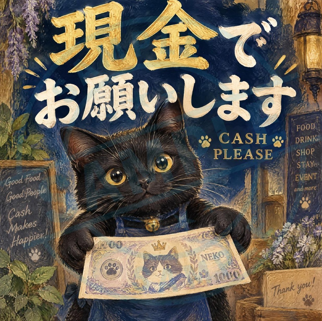 【黒猫 SIGNATURE】現金でお願いします（CASH PLEASE） 店舗・レジ用お願いステッカー
