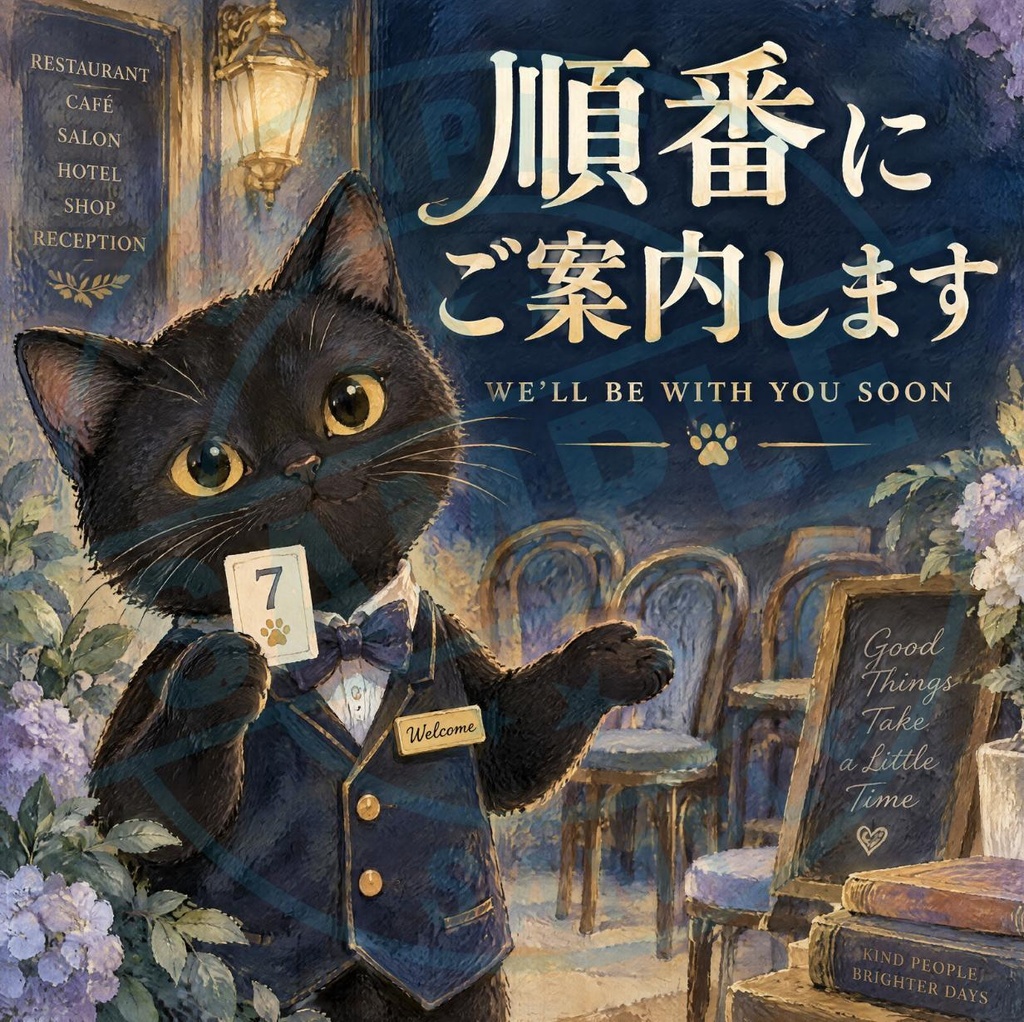 【黒猫 SIGNATURE】順番にご案内します（WE'LL BE WITH YOU SOON） 店舗・待合用案内ステッカー