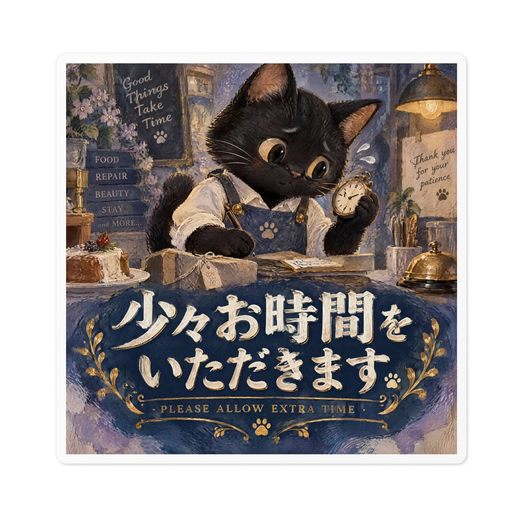 【黒猫 SIGNATURE】少々お時間をいただきます(PLEASE ALLOW EXTRA【黒猫 SIGNATURE】少々お時間をいただきます(PLEASE ALLOW EXTRA TIME) 飲食店・店舗用案内ステッカー TIME) 飲食店・店舗用案内ステッカー
