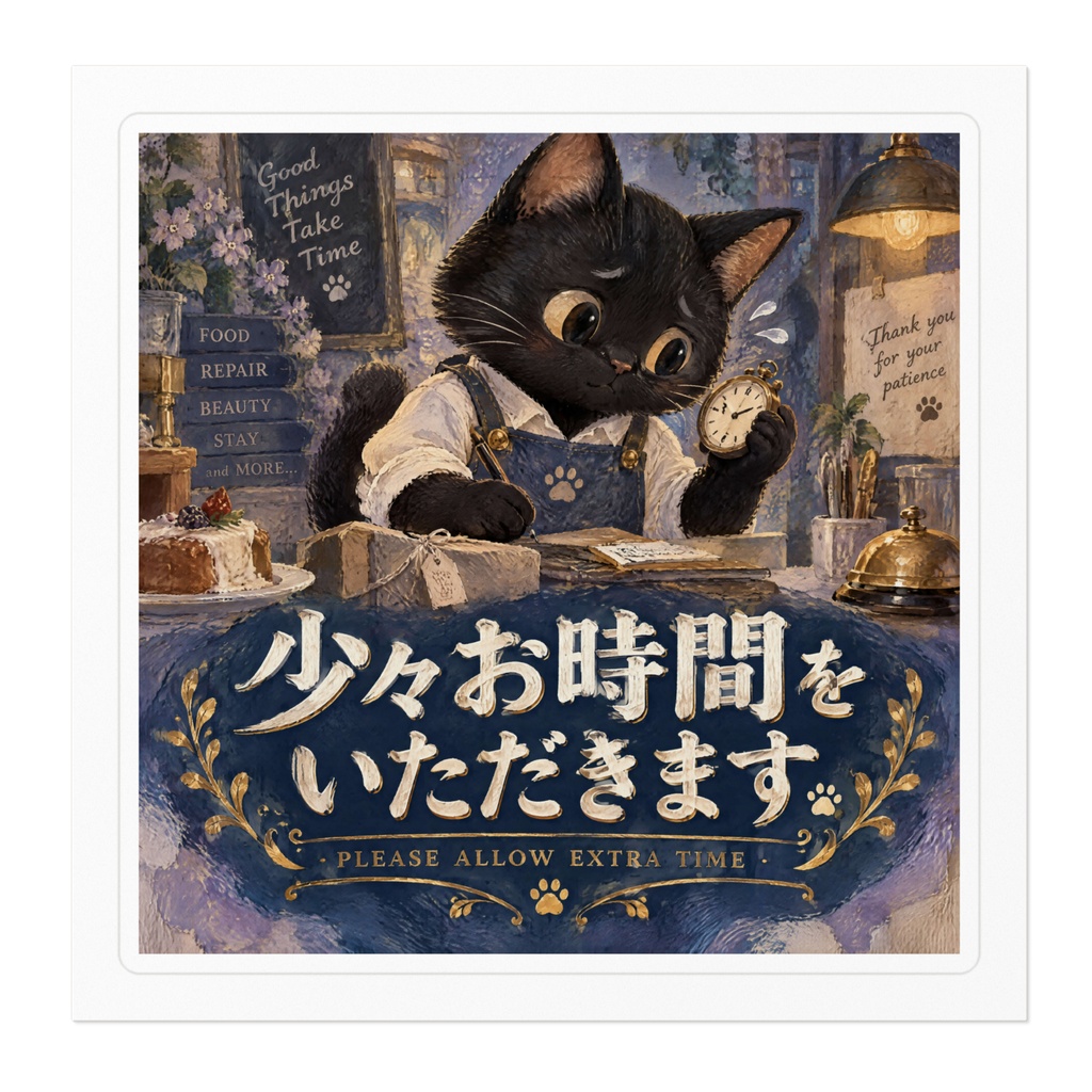 【黒猫 SIGNATURE】少々お時間をいただきます(PLEASE ALLOW EXTRA【黒猫 SIGNATURE】少々お時間をいただきます(PLEASE ALLOW EXTRA TIME) 飲食店・店舗用案内ステッカー TIME) 飲食店・店舗用案内ステッカー