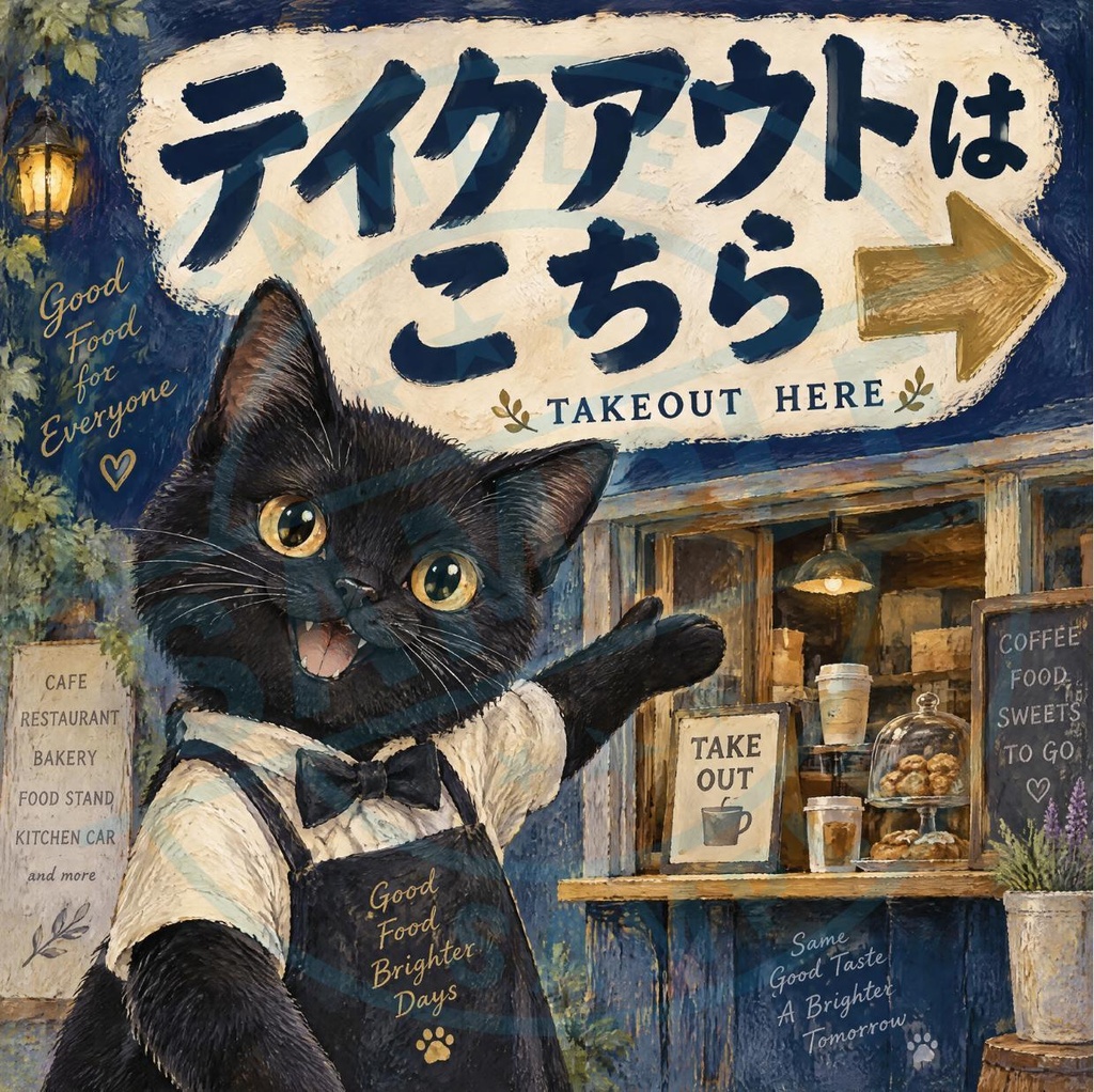 【黒猫 SIGNATURE】テイクアウトはこちら（TAKEOUT HERE） 矢印付き・店舗用誘導ステッカー