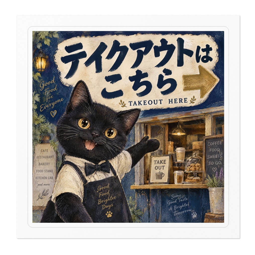 【黒猫 SIGNATURE】テイクアウトはこちら(TAKEOUT HERE) 矢印付き・店舗用誘導ステッカー