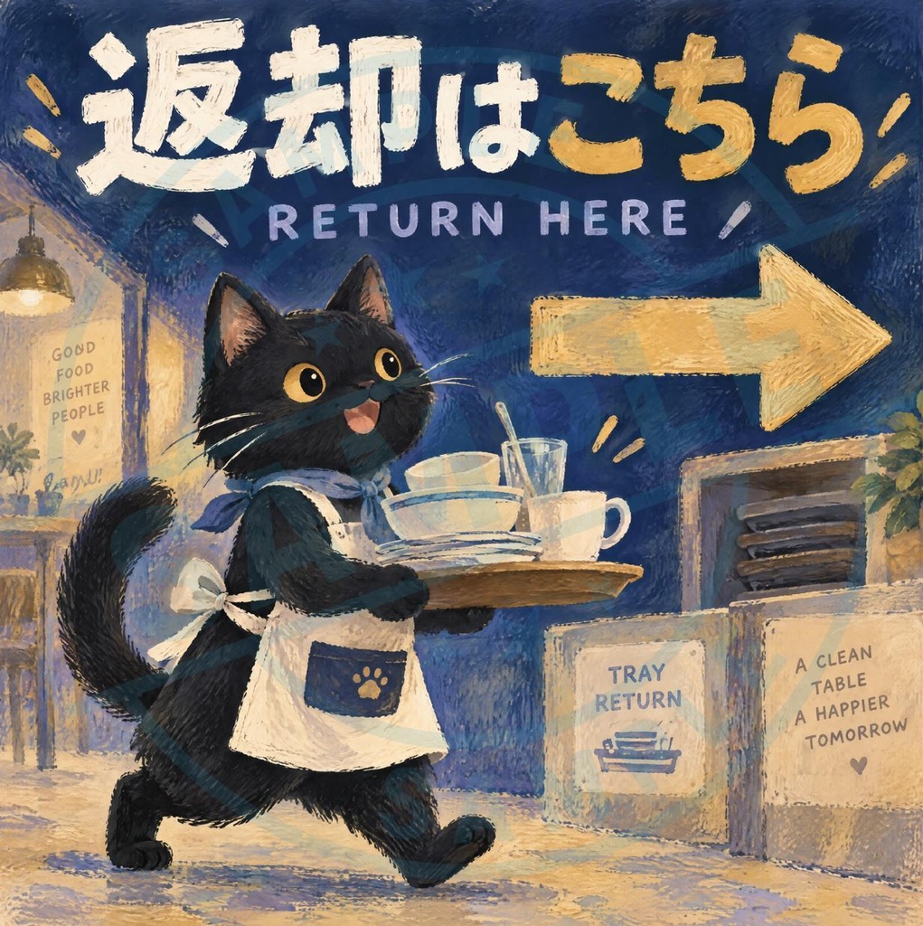 【黒猫 SIGNATURE】返却はこちら（RETURN HERE） 矢印付き・食器返却口ステッカー