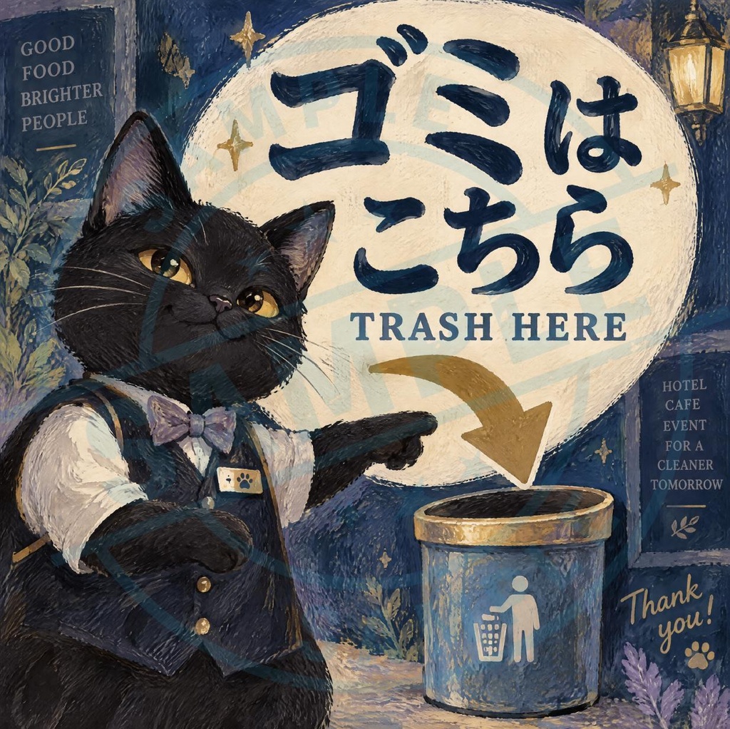 【黒猫 SIGNATURE】ゴミはこちら（TRASH HERE） 店舗・ゴミ箱用矢印ステッカー