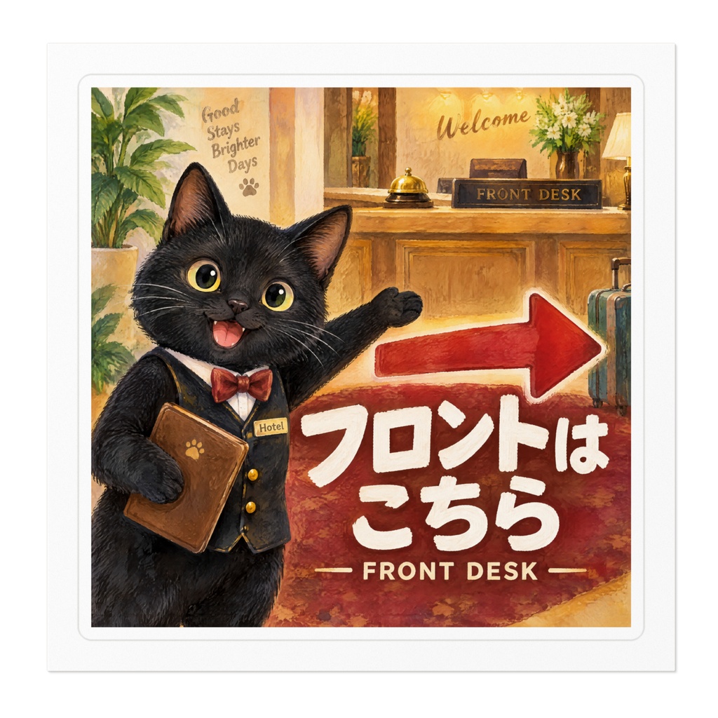 【黒猫 SIGNATURE】フロントはこちら(FRONT DESK) 矢印付き・ホテル用案内ステッカー