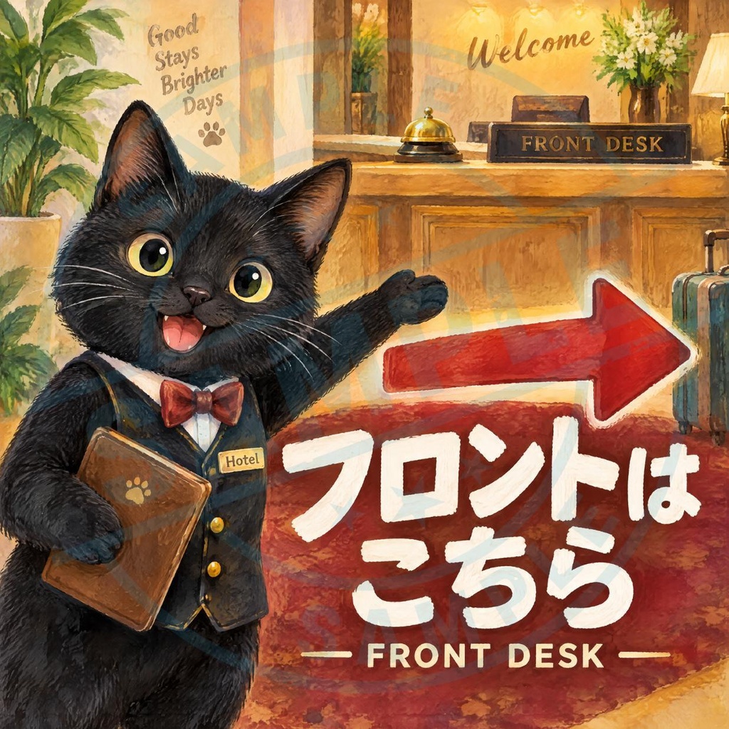 【黒猫 SIGNATURE】フロントはこちら（FRONT DESK） 矢印付き・ホテル用案内ステッカー