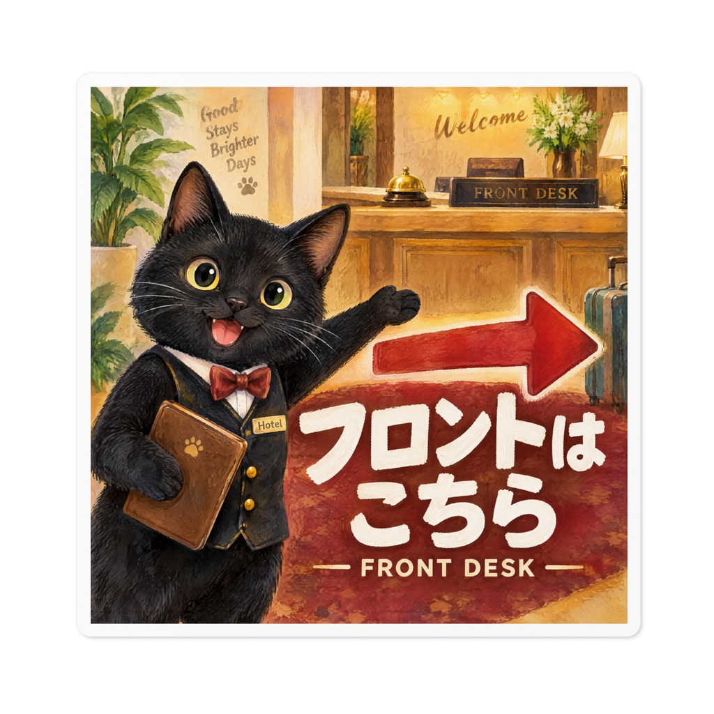 【黒猫 SIGNATURE】フロントはこちら(FRONT DESK) 矢印付き・ホテル用案内ステッカー