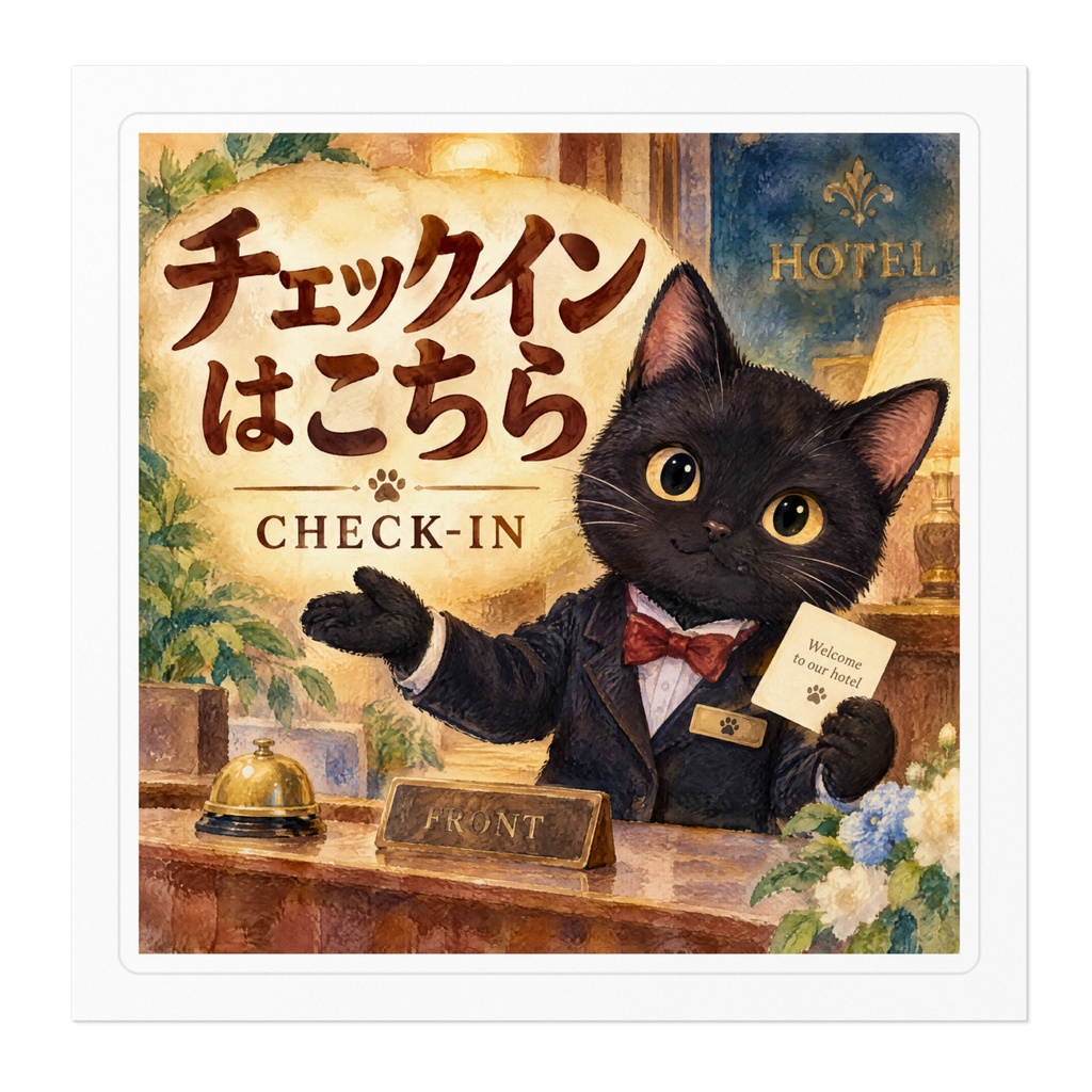 【黒猫 SIGNATURE】チェックインはこちら(CHECK-IN) ホテル・フロント用案内ステッカー