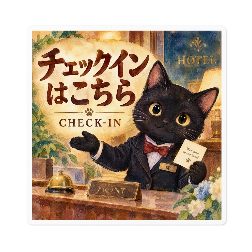 【黒猫 SIGNATURE】チェックインはこちら(CHECK-IN) ホテル・フロント用案内ステッカー