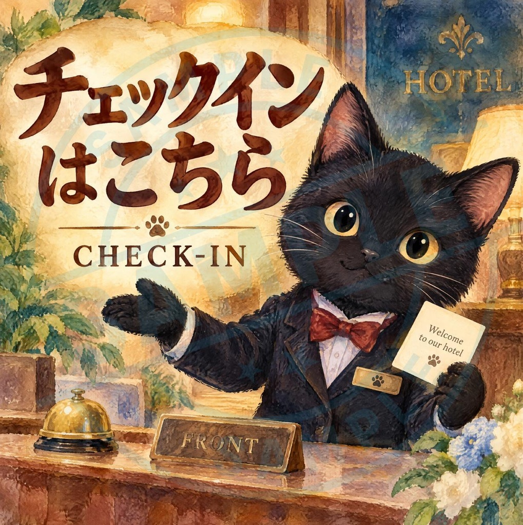 【黒猫 SIGNATURE】チェックインはこちら（CHECK-IN） ホテル・フロント用案内ステッカー