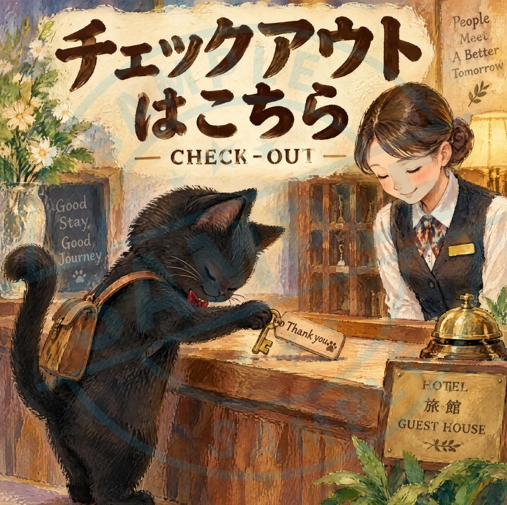 【黒猫 SIGNATURE】チェックアウトはこちら（CHECK-OUT） ホテル・旅館用案内ステッカー