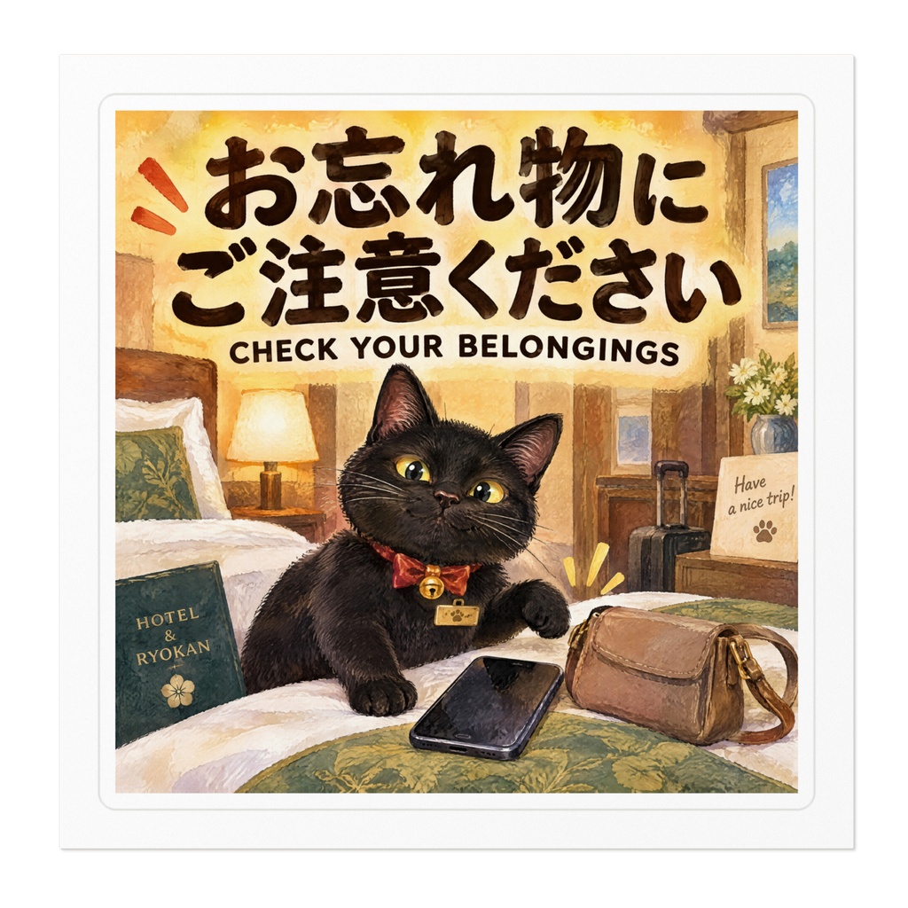 【黒猫 SIGNATURE】お忘れ物にご注意ください(CHECK YOUR BELONGINGS) ホテル・客室用注意ステッカー