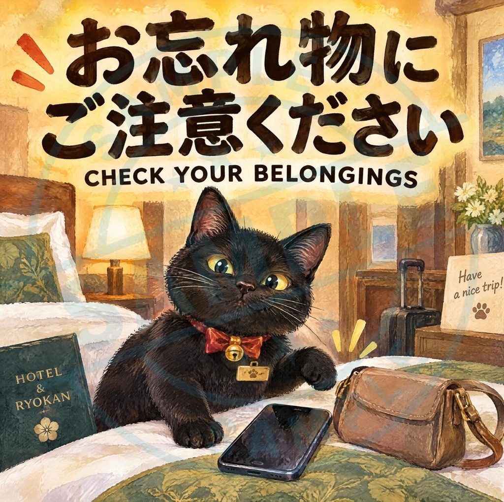 【黒猫 SIGNATURE】お忘れ物にご注意ください（CHECK YOUR BELONGINGS） ホテル・客室用注意ステッカー