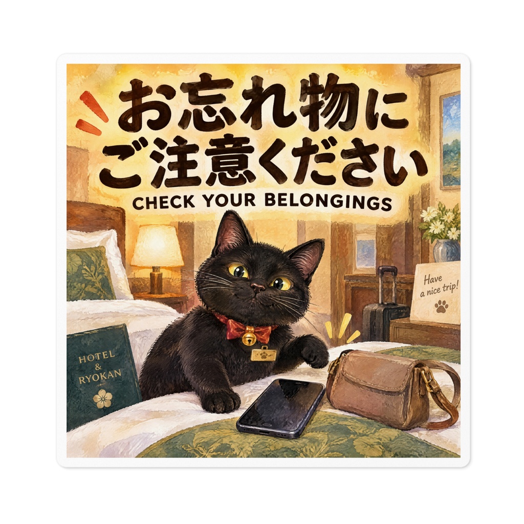 【黒猫 SIGNATURE】お忘れ物にご注意ください(CHECK YOUR BELONGINGS) ホテル・客室用注意ステッカー