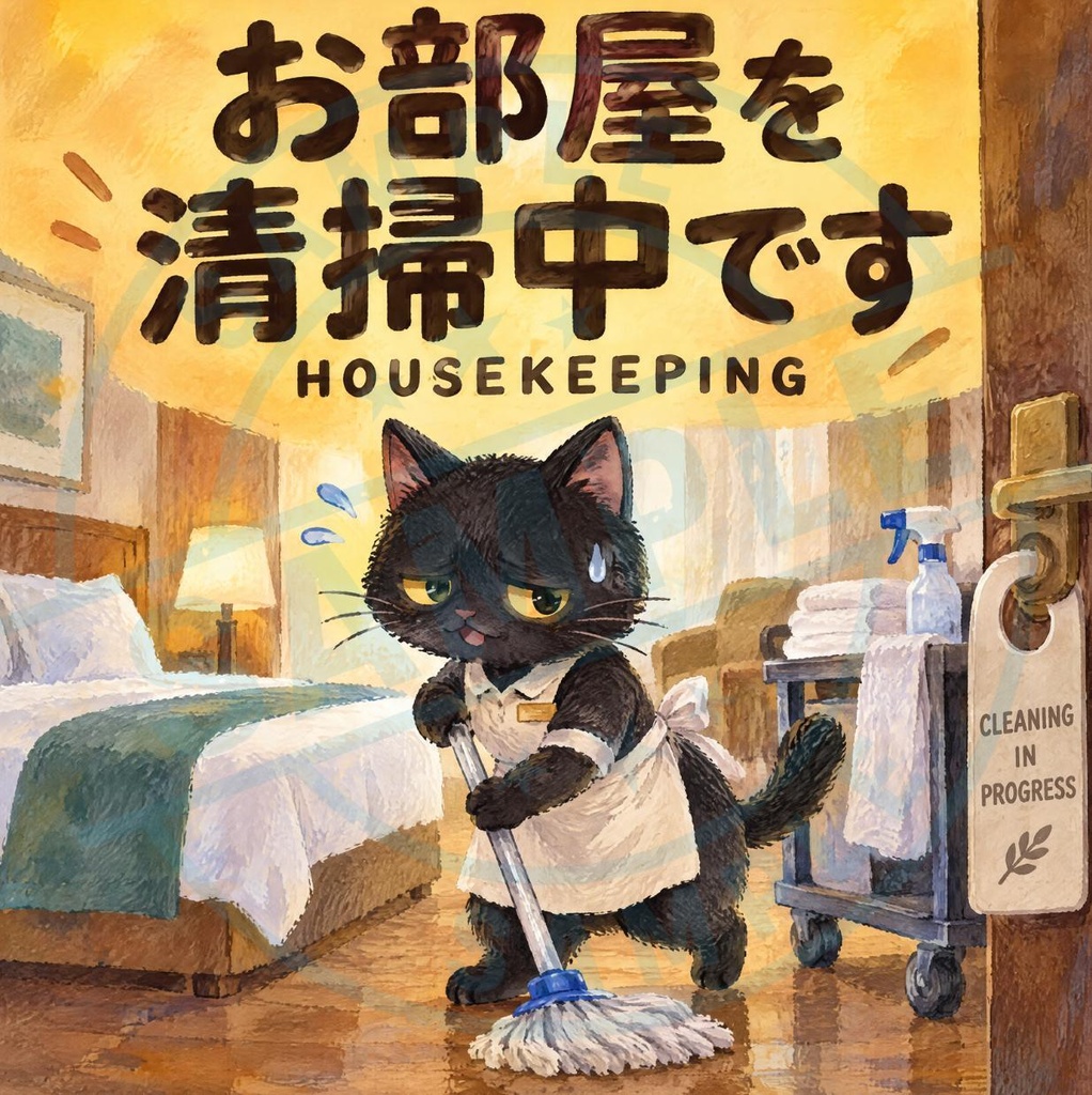 【黒猫 SIGNATURE】お部屋を清掃中です（HOUSEKEEPING） ホテル・客室用ドアステッカー