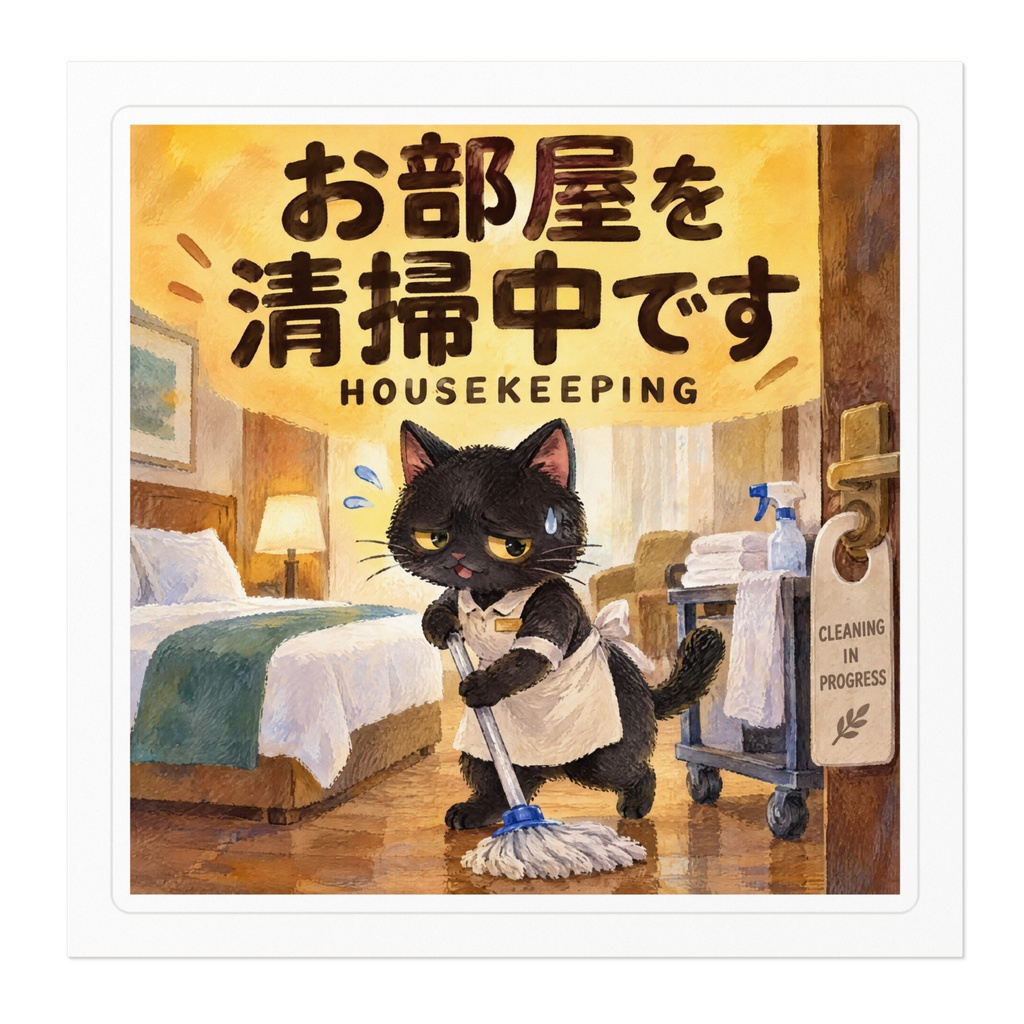 【黒猫 SIGNATURE】お部屋を清掃中です(HOUSEKEEPING) ホテル・客室用ドアステッカー