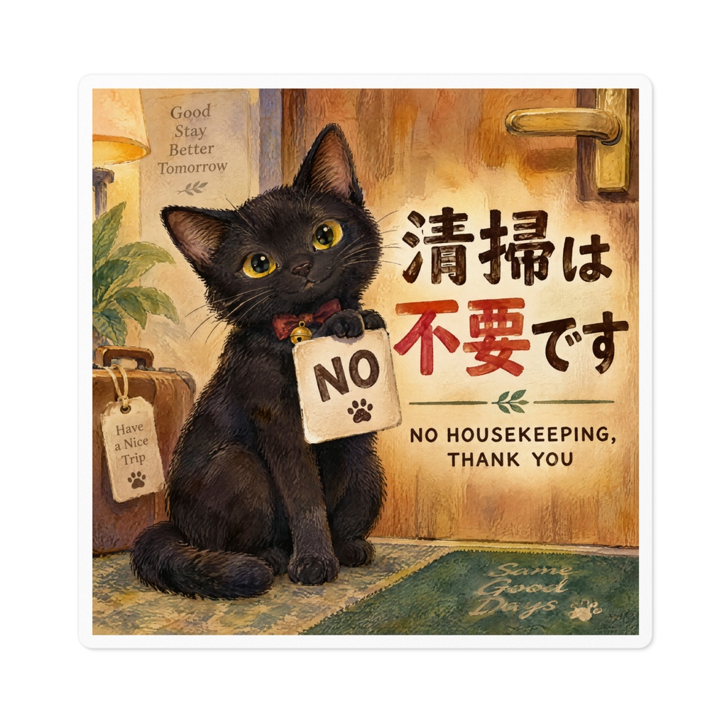 【黒猫 SIGNATURE】清掃は不要です(NO HOUSEKEEPING) ホテル・客室用ドアステッカー