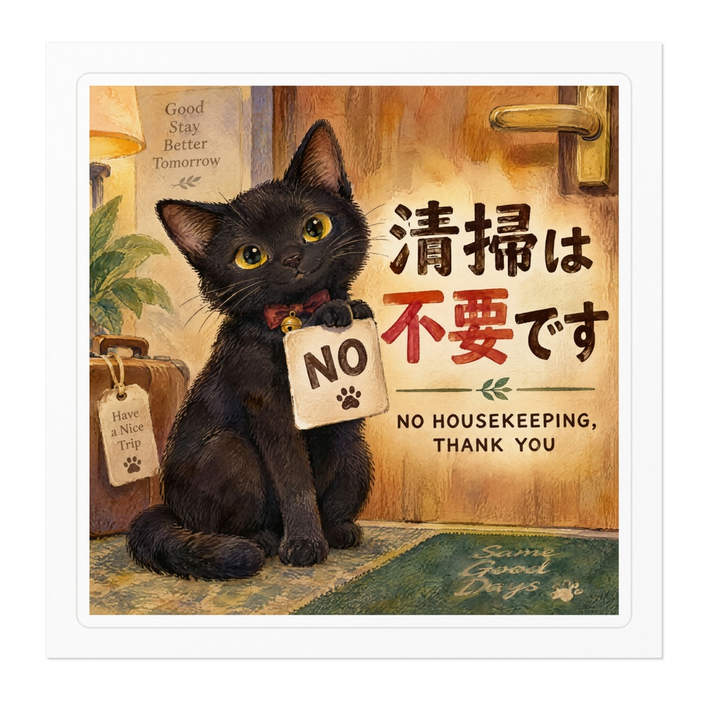 【黒猫 SIGNATURE】清掃は不要です(NO HOUSEKEEPING) ホテル・客室用ドアステッカー