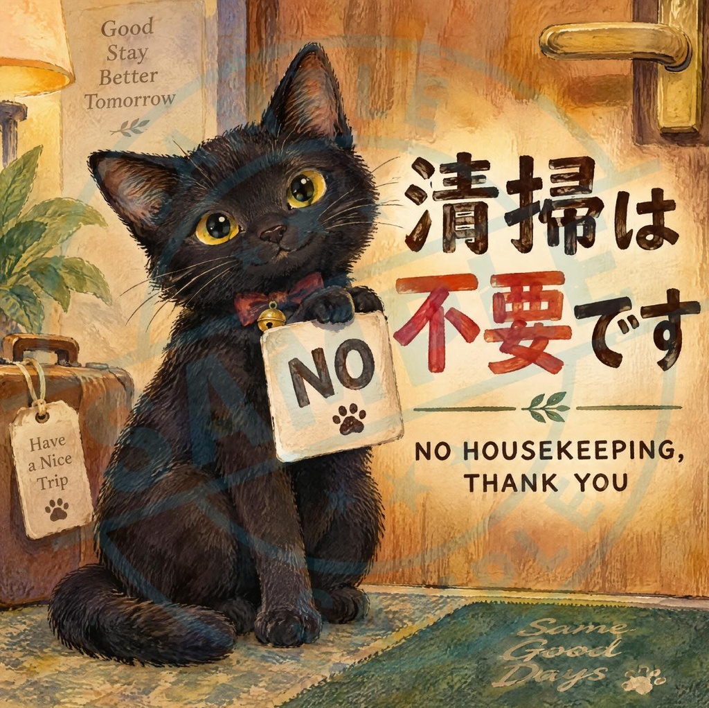 【黒猫 SIGNATURE】清掃は不要です（NO HOUSEKEEPING） ホテル・客室用ドアステッカー