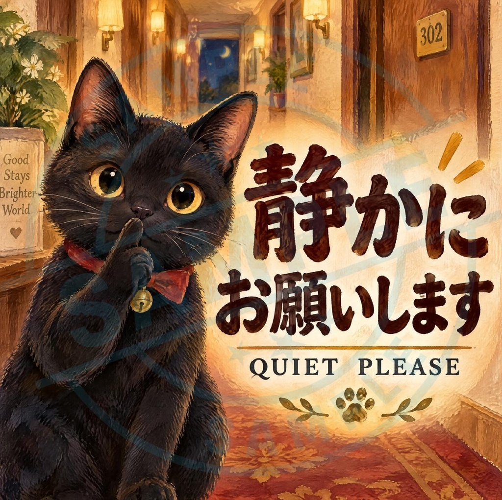 【黒猫 SIGNATURE】静かにお願いします（QUIET PLEASE）店舗・施設用マナー告知ステッカー