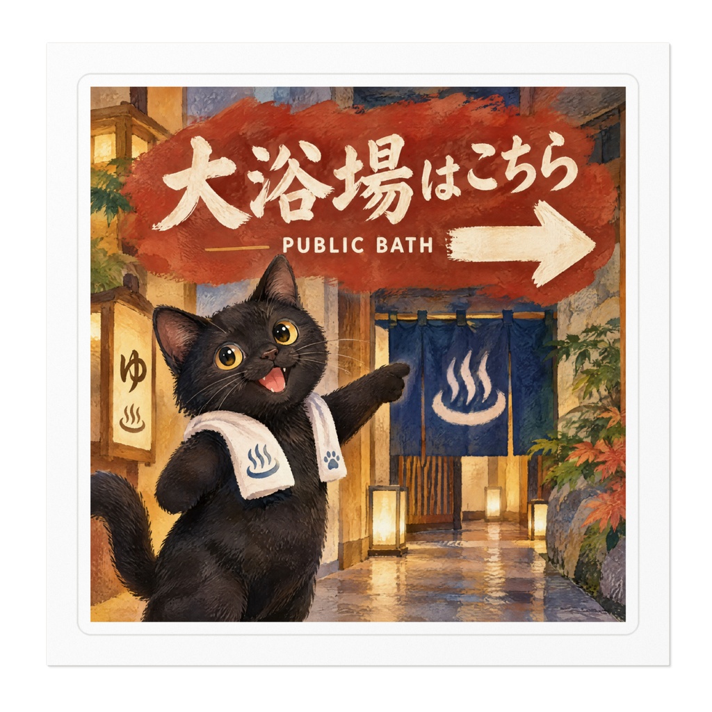 【黒猫 SIGNATURE】大浴場はこちら(PUBLIC BATH)旅館・温浴施設用案内ステッカー