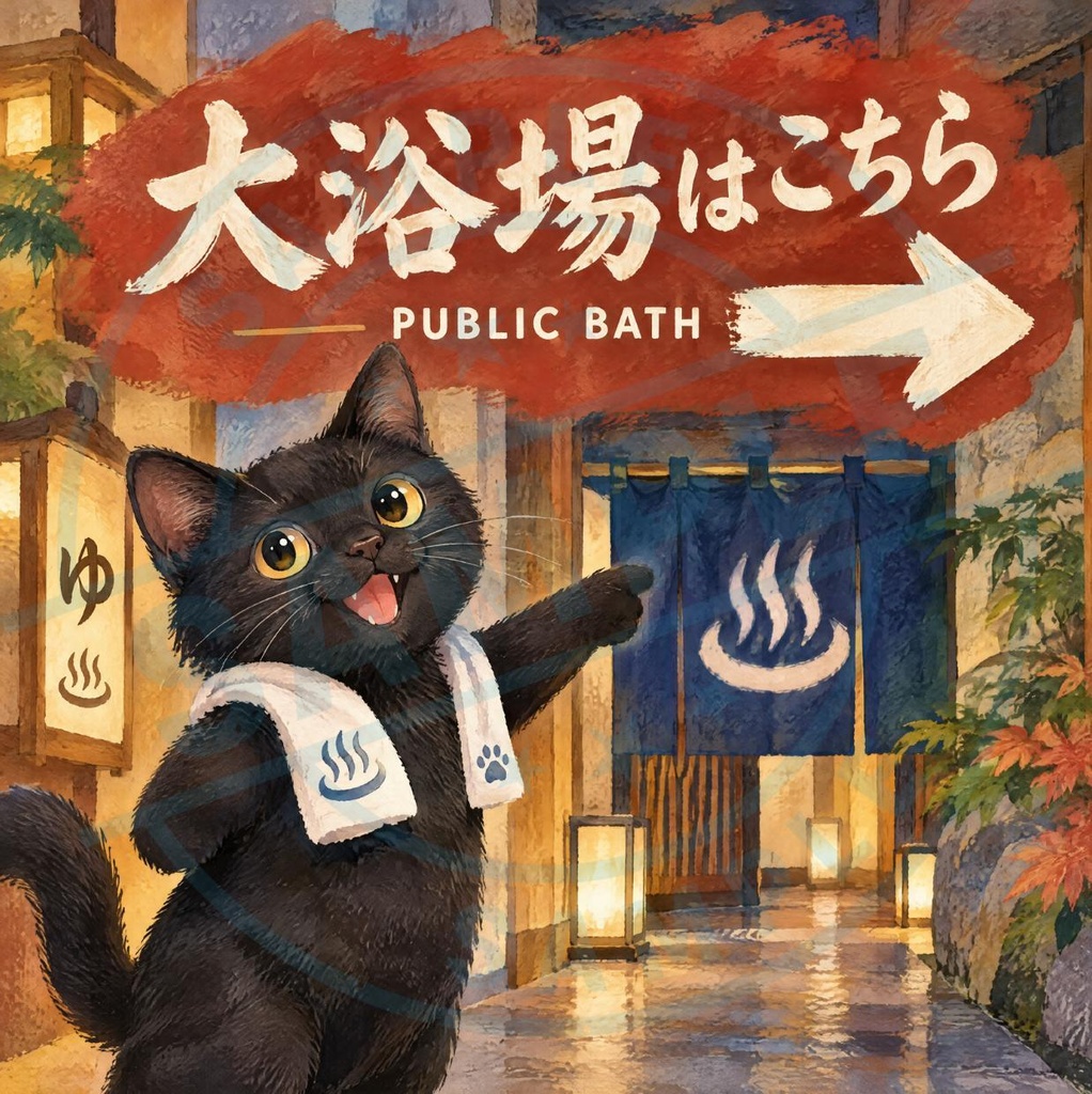 【黒猫 SIGNATURE】大浴場はこちら（PUBLIC BATH）旅館・温浴施設用案内ステッカー