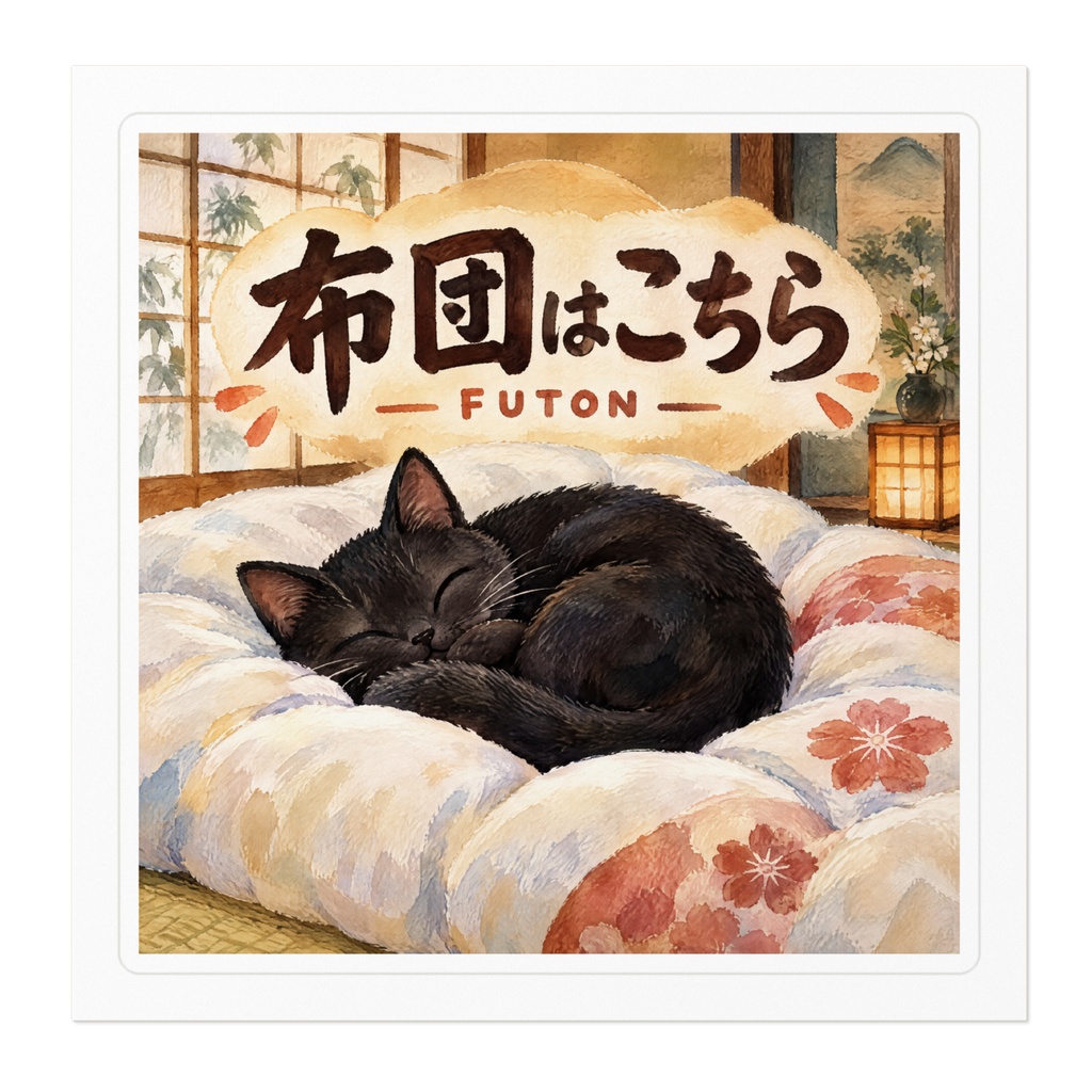 【黒猫 SIGNATURE】布団はこちら(FUTON)旅館・布団コーナー用案内ステッカー