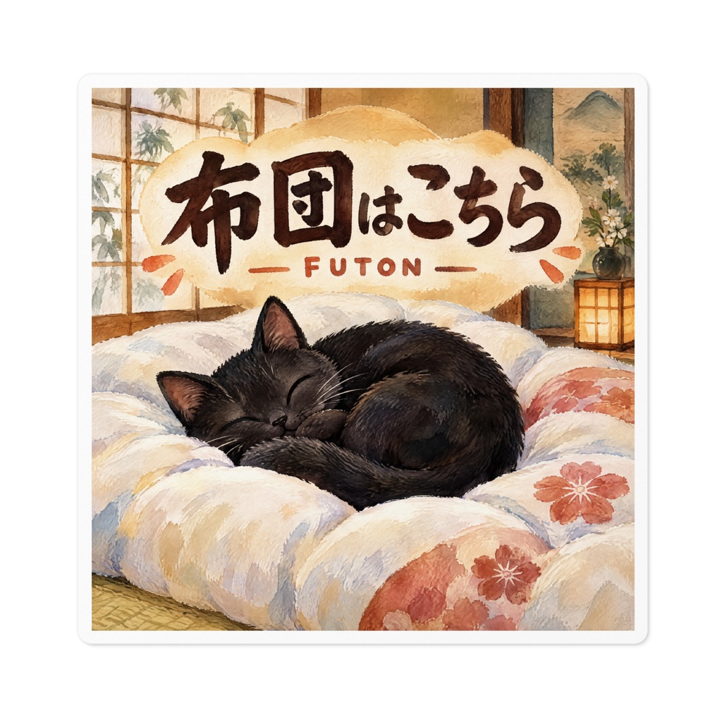 【黒猫 SIGNATURE】布団はこちら(FUTON)旅館・布団コーナー用案内ステッカー