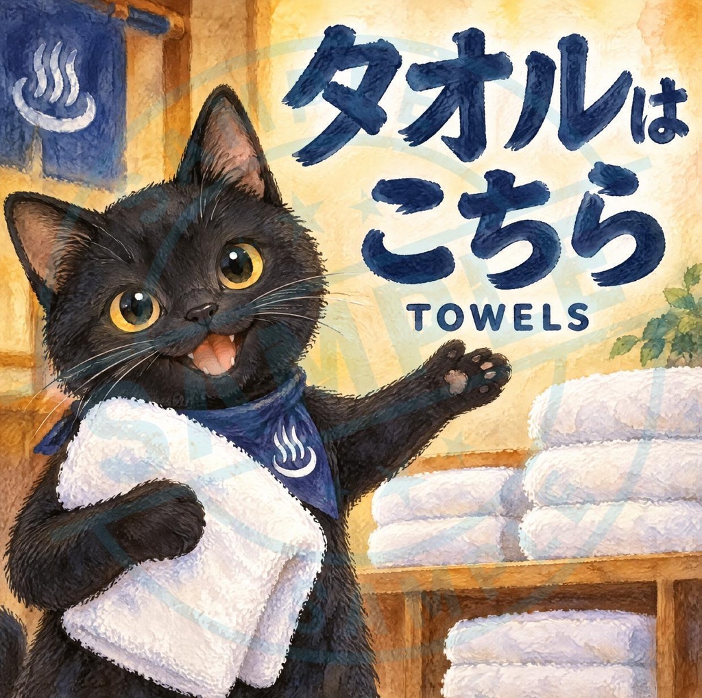 【黒猫 SIGNATURE】タオルはこちら（TOWELS）温浴施設・タオルコーナー用案内ステッカー