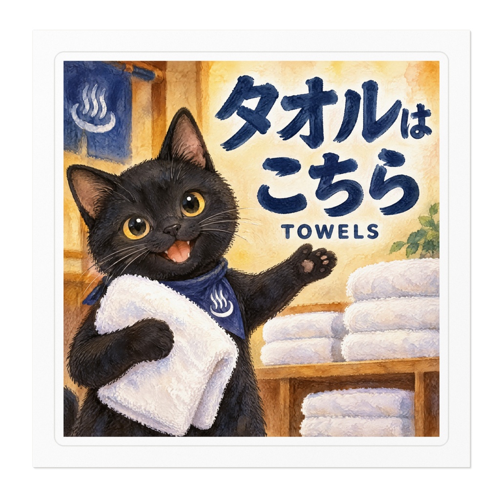【黒猫 SIGNATURE】タオルはこちら(TOWELS)温浴施設・タオルコーナー用案内ステッカー
