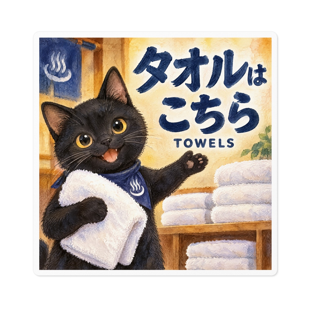【黒猫 SIGNATURE】タオルはこちら(TOWELS)温浴施設・タオルコーナー用案内ステッカー