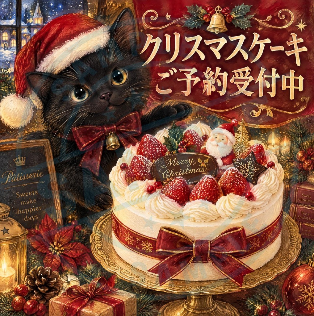 【黒猫 SIGNATURE】クリスマスケーキご予約受付中 洋菓子店・ケーキ屋用予約ステッカー
