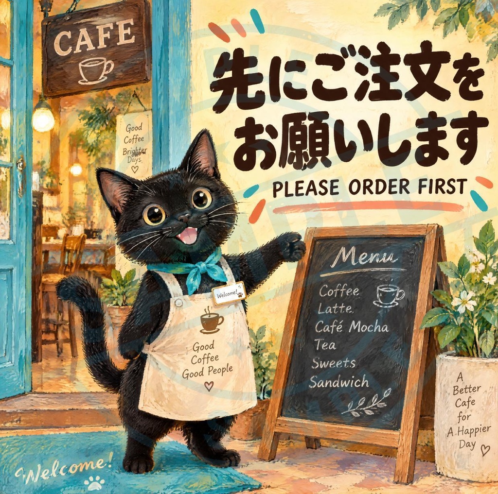 【黒猫 SIGNATURE】先にご注文をお願いします(PLEASE ORDER FIRST) カフェ・前払い用案内ステッカー