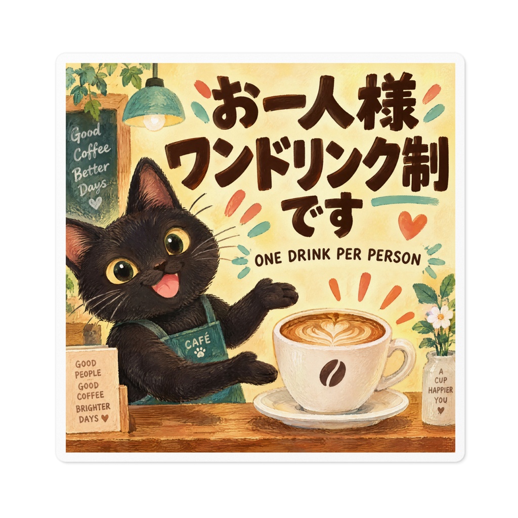 【黒猫 SIGNATURE】お一人様ワンドリンク制です(ONE DRINK PER PERSON) カフェ・喫茶店用卓上ステッカー