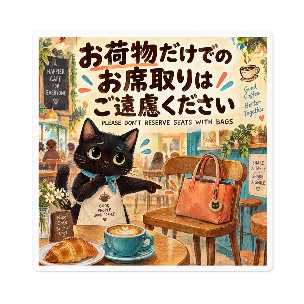 【黒猫 SIGNATURE】お荷物だけでのお席取りはご遠慮ください カフェ・卓上マナーステッカー