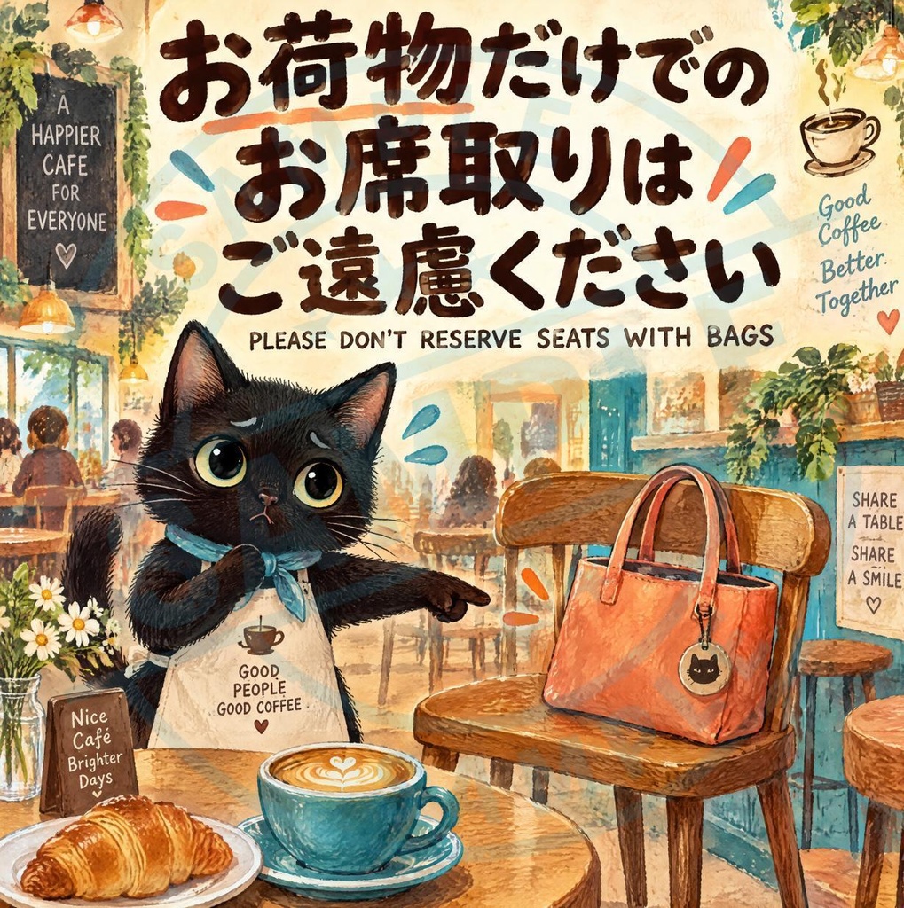 【黒猫 SIGNATURE】お荷物だけでのお席取りはご遠慮ください カフェ・卓上マナーステッカー