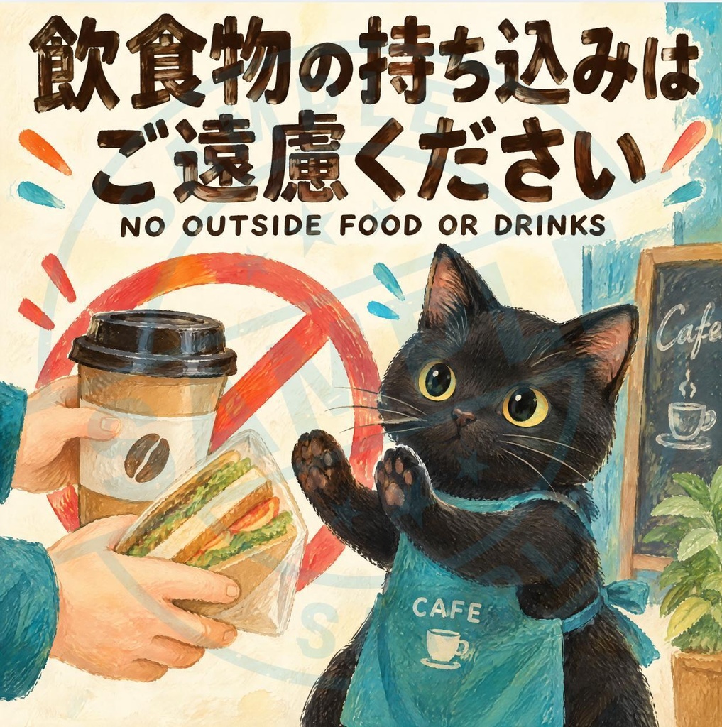 【黒猫 SIGNATURE】飲食物の持ち込みはご遠慮ください カフェ・店舗用マナーステッカー