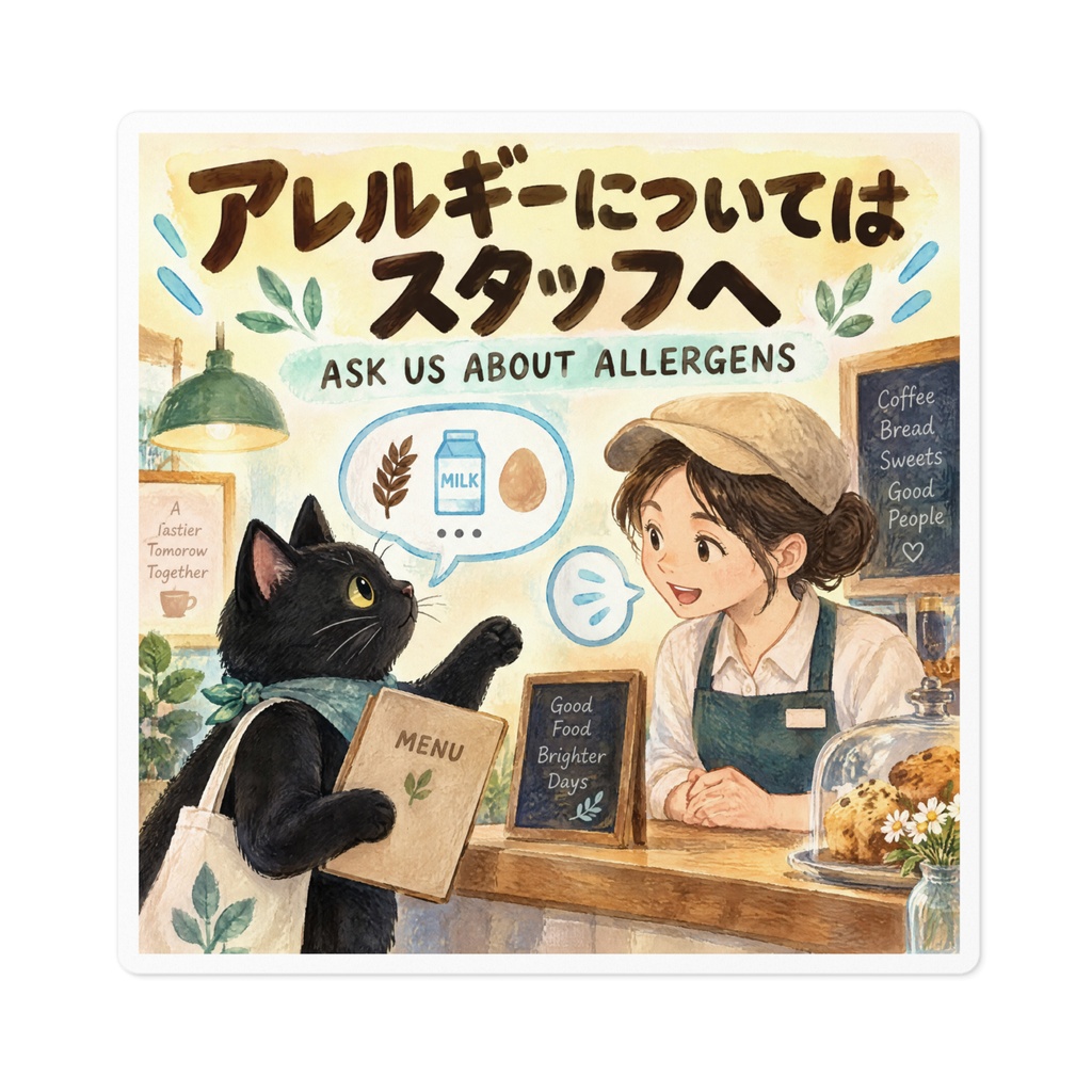 【黒猫 SIGNATURE】アレルギーについてはスタッフへ(ASK US ABOUT ALLERGENS) カフェ・飲食店用ステッカー