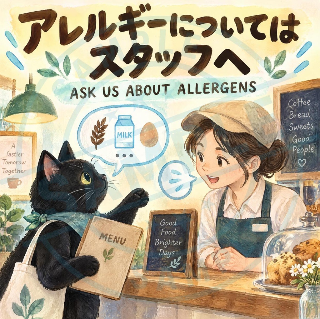 【黒猫 SIGNATURE】アレルギーについてはスタッフへ（ASK US ABOUT ALLERGENS） カフェ・飲食店用ステッカー