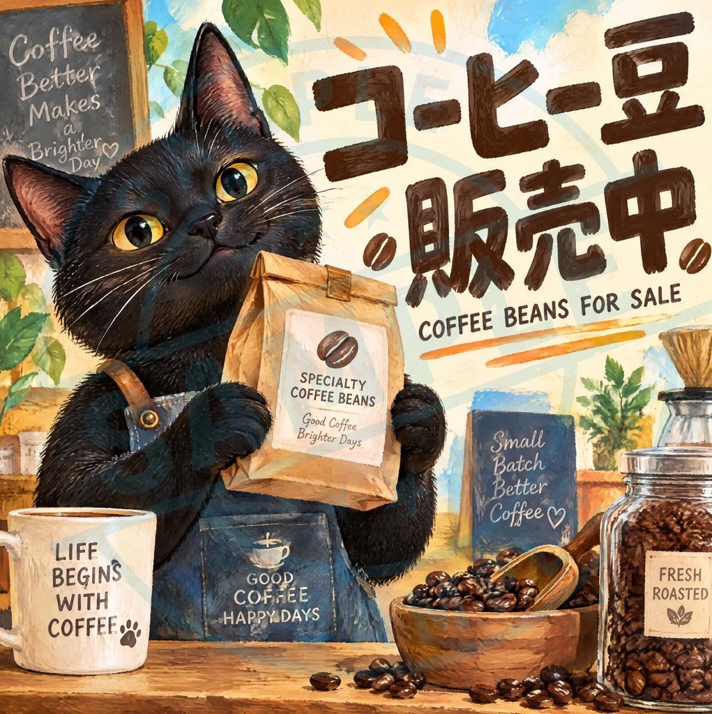 【黒猫 SIGNATURE】コーヒー豆販売中（COFFEE BEANS FOR SALE） カフェ・焙煎店用POPステッカー