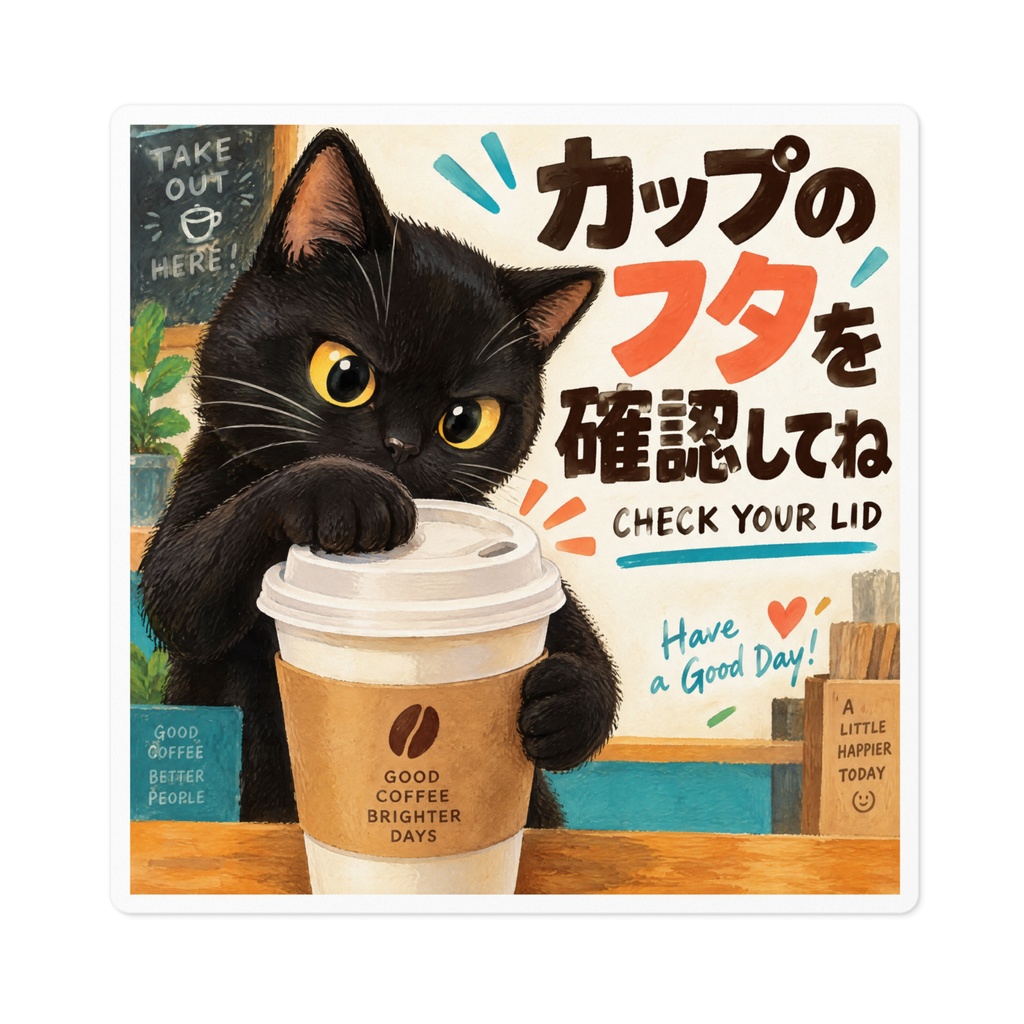 【黒猫 SIGNATURE】カップのフタを確認してね(CHECK YOUR LID) カフェ・テイクアウト用ステッカー