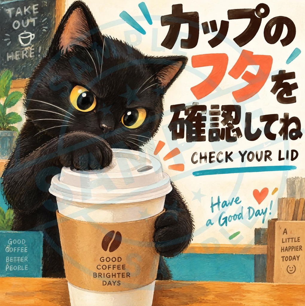 【黒猫 SIGNATURE】カップのフタを確認してね（CHECK YOUR LID） カフェ・テイクアウト用ステッカー