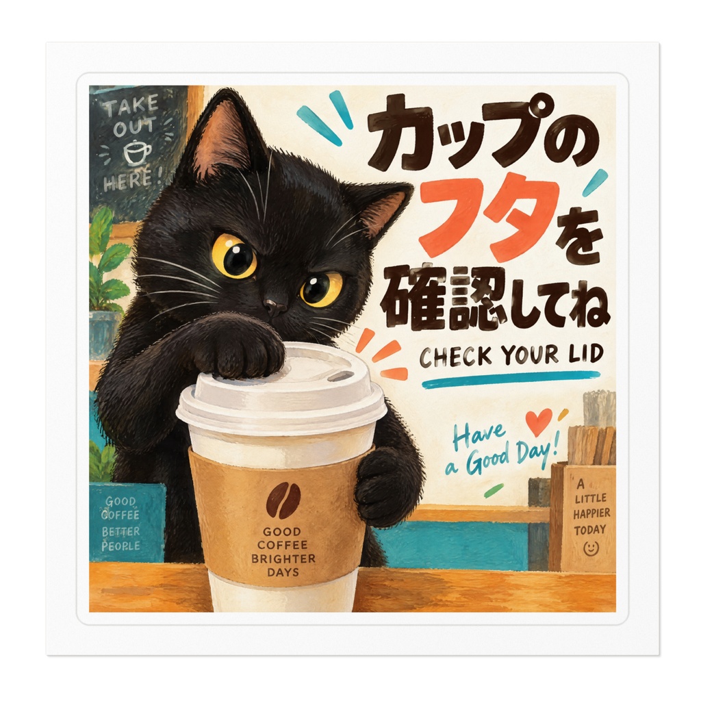 【黒猫 SIGNATURE】カップのフタを確認してね(CHECK YOUR LID) カフェ・テイクアウト用ステッカー